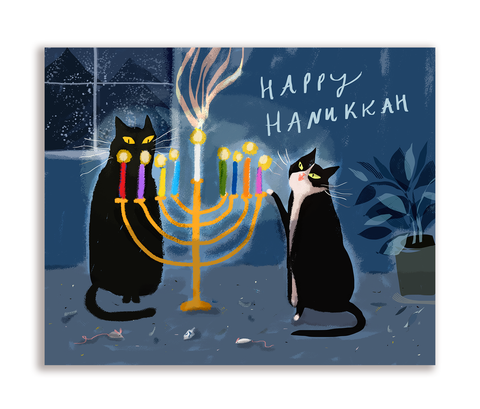 Happy Hanukkah Cat Card- 2 Kitties - Hanukkah Glow