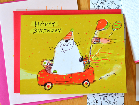 Happy Birthday Card - Birthday Car Cat