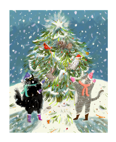 Forest Friends Holiday Cat Print