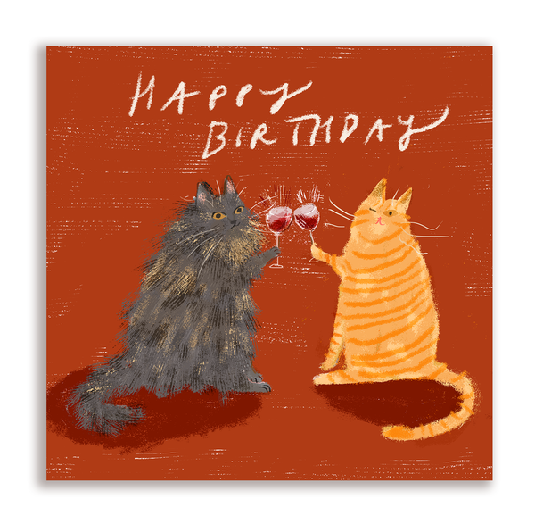 Happy Birthday - Wine Cats - Square Card