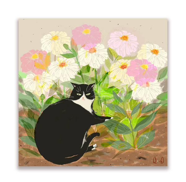 Flower Cat Card - Zinnia Cat - Square Card