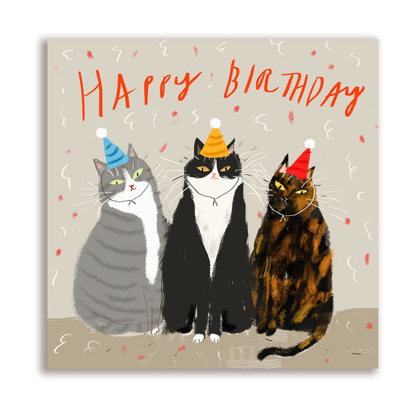 Happy Birthday Card - 3 Cats - Square Card