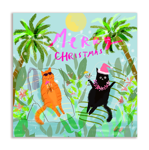 Merry Christmas Cat Card - Beach Babies - Square Card