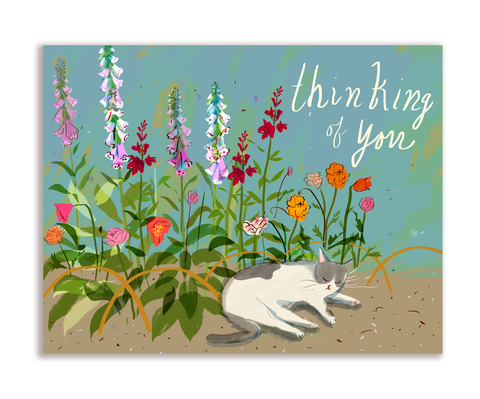 Thinking of You- Garden Cat Card - Cottage Garden Kitty