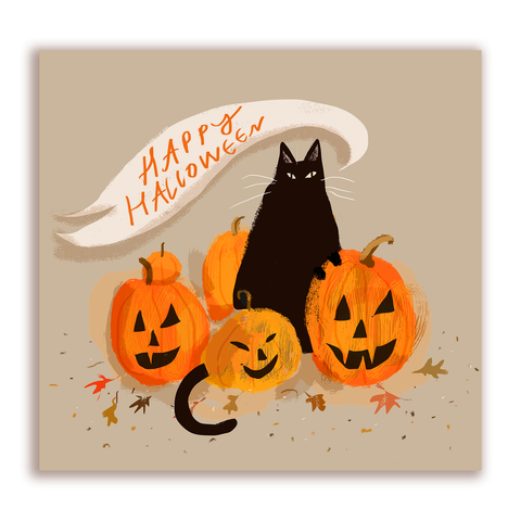 Happy Halloween Card - Black Cat with Pumpkins - Square Card