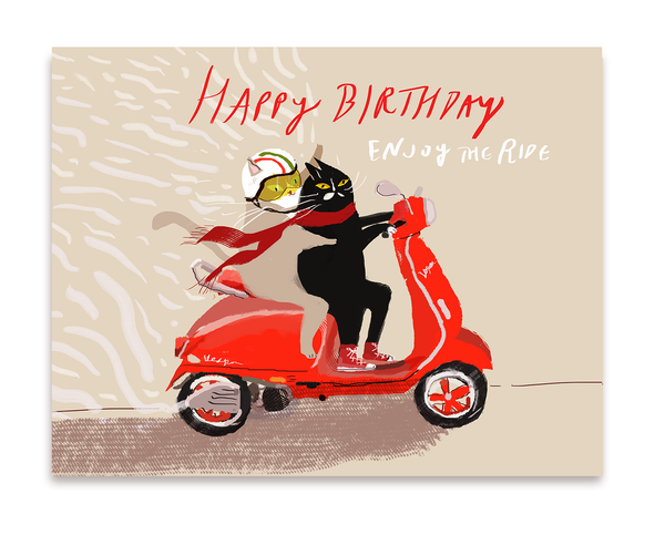 Happy Birthday Card - Vespa Cats - Enjoy the Ride