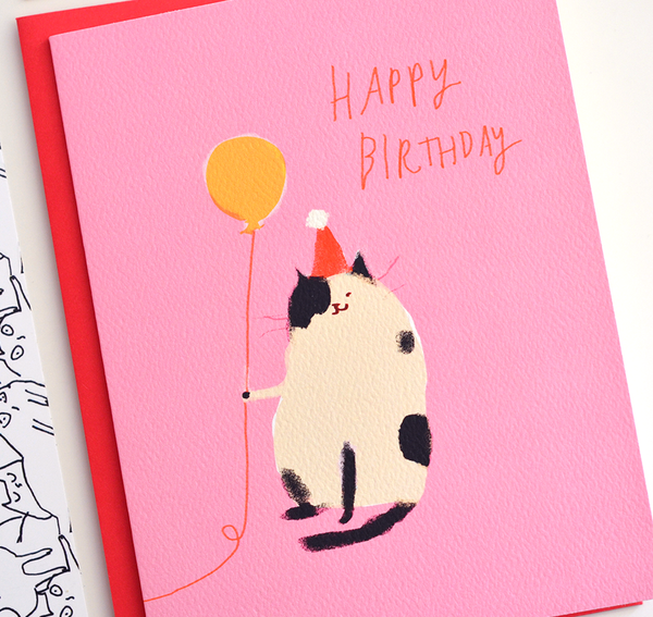 Happy Birthday Cat Card - Pink