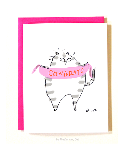 Congrats Cat Card - Pink Banner