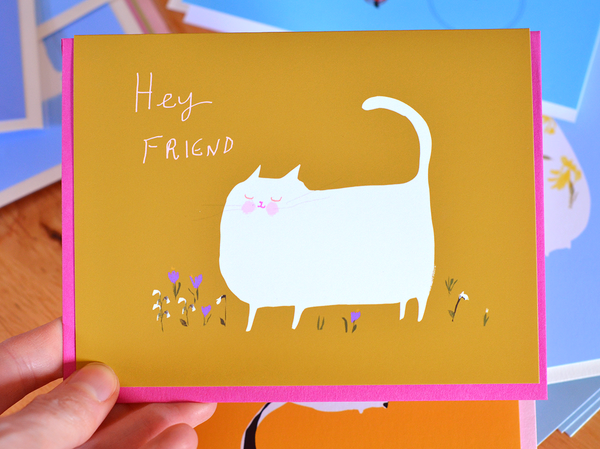 Hey Friend- Spring Cat Card - Snowdrop