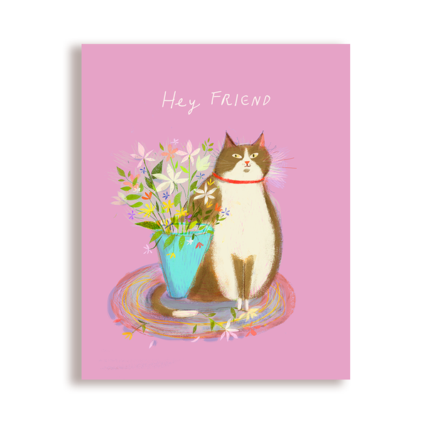 Hey Friend Cat Card- Cat with Flowers