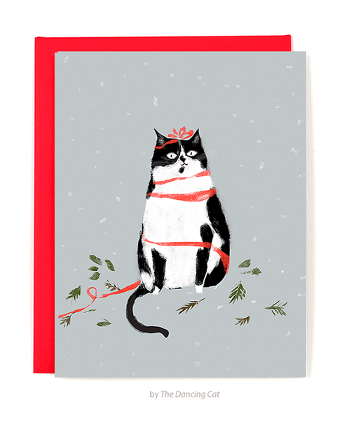 Seasons Greetings- Christmas Cat Card - Tuxedo Cat