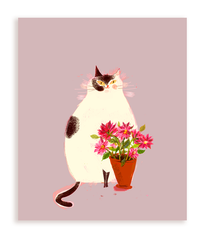 Pink Flowers Cat Print