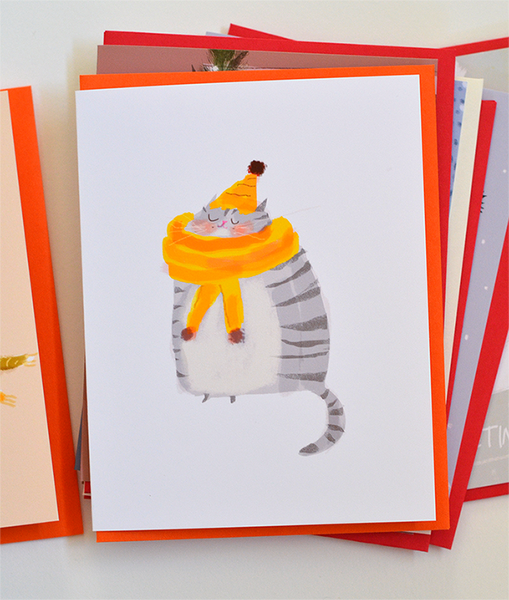 Cozy Cat Yellow Scarf Grey Cat Card