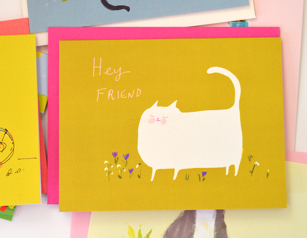 Hey Friend- Spring Cat Card - Snowdrop