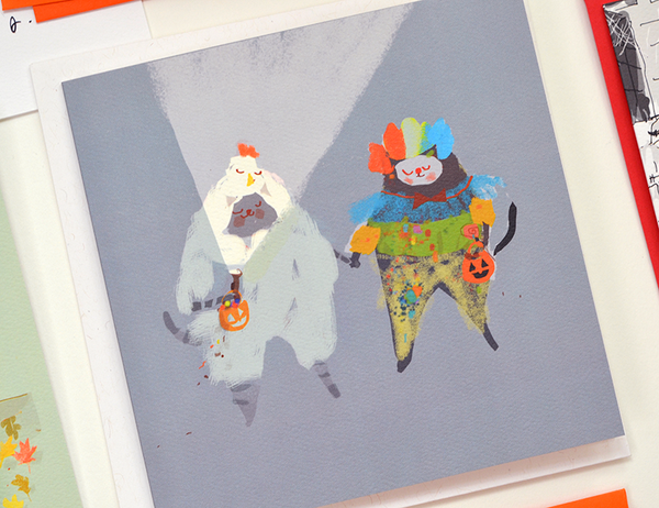 Trick o' Treat Cat Card - Chicken and Clown - Square Card