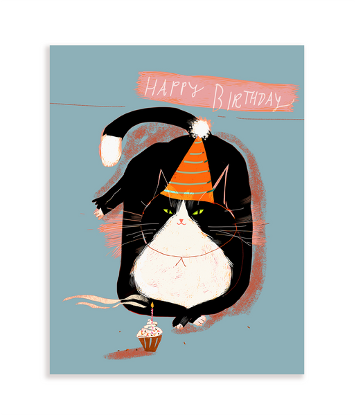 Happy Birthday Cupcake Cat Card - Blue