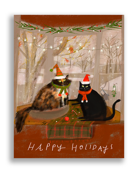 Happy Holidays Cat Card - Cozy Cats - Window Cats
