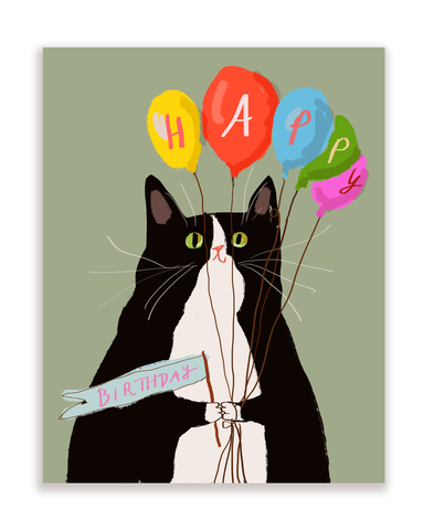 Happy Birthday Card - Cat with Balloons - Big Tux