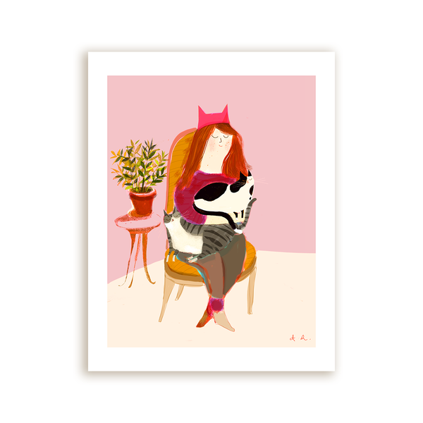 Cat Lady Fine Art Print - Pink Hat