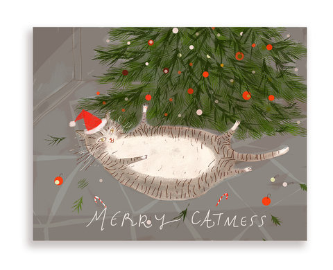 Merry Catmess - Grey Buddy - Christmas Cat Card