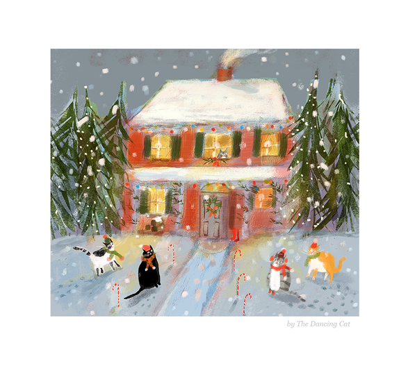 Holiday Visit- Christmas Cat Print