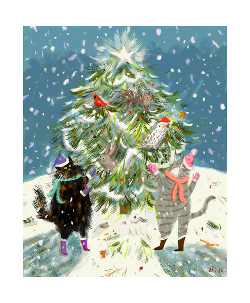 Forest Friends Holiday Cat Print - Custom color