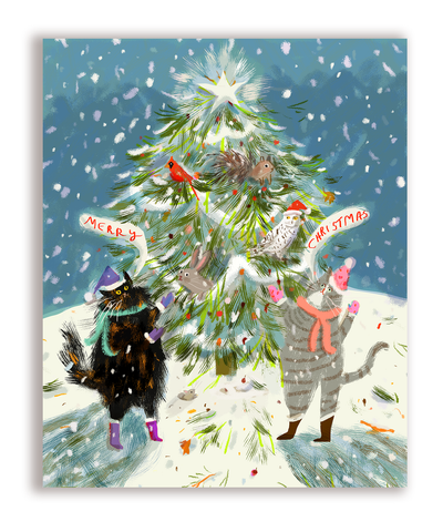 Merry Christmas Forest Friends Cat Card - With words