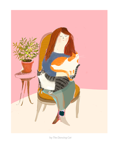 Purrs and Good Thoughts- Cat Lady Print - Cat Art