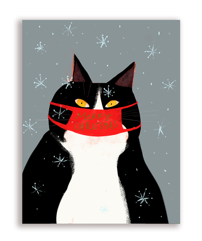 Merry Christmas Cat Mask Card - Yellow Eyes