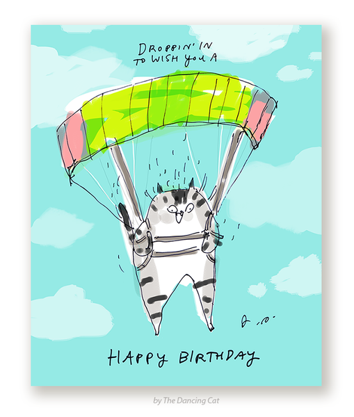 Droppin in to Wish You a Happy Birthday- Parachute Cat Card