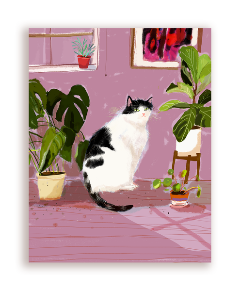Houseplant Cat Card - Black and White Cat