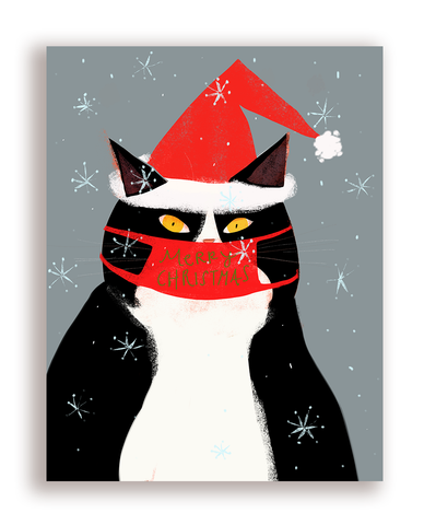 Merry Christmas Cat Mask Card - Santa Hat Version