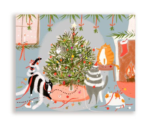 Season's Greetings- Tree Trimming Cats- Santa's Helpers Cat Card