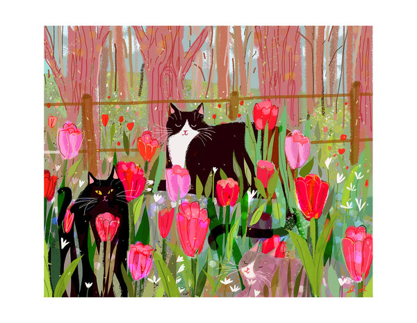 Tulip Cats - Spring Art - Print