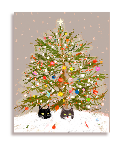 Under the Christmas Tree Cat Card- Limited Edition Color